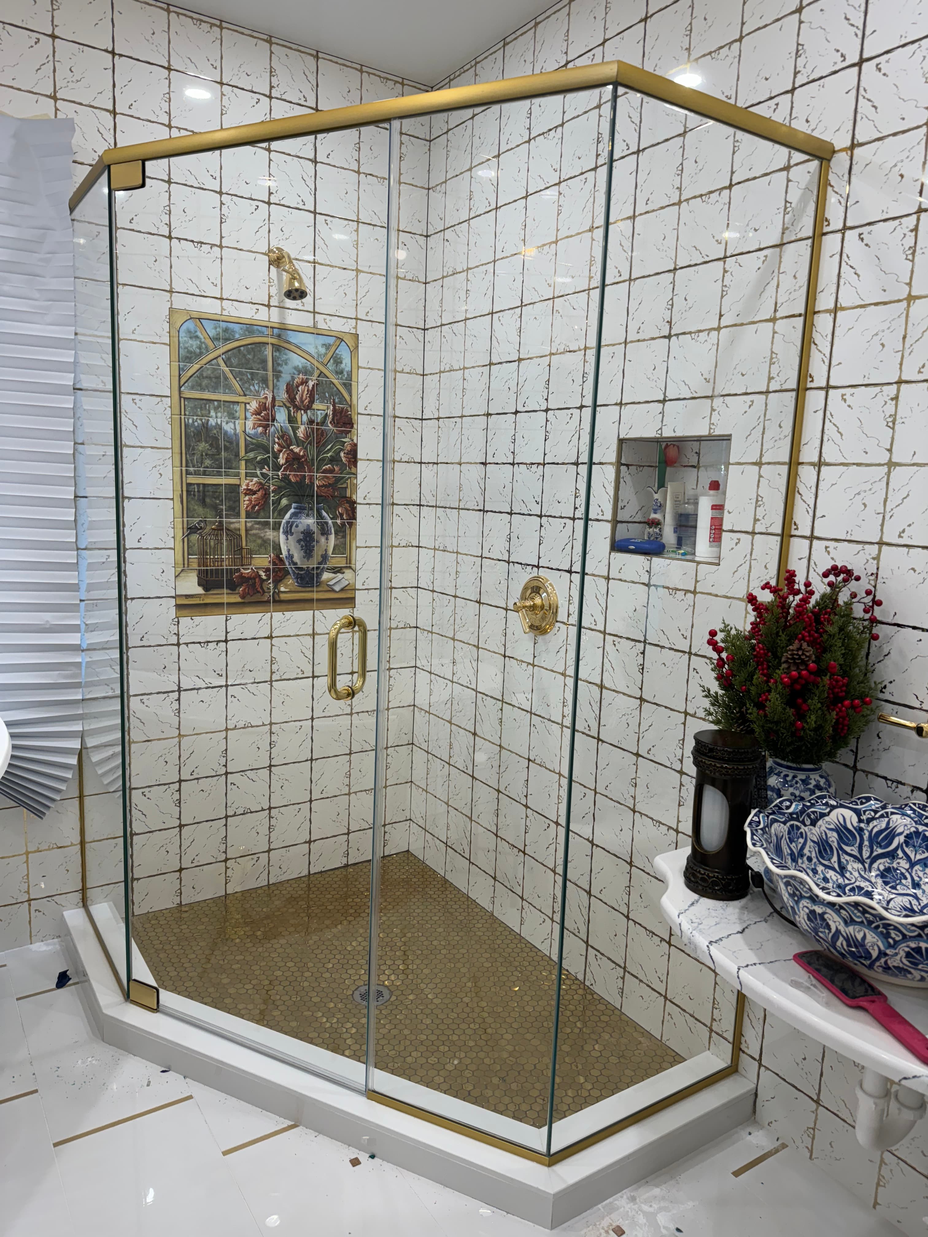 Neo-Angle shower door installation in Monticello