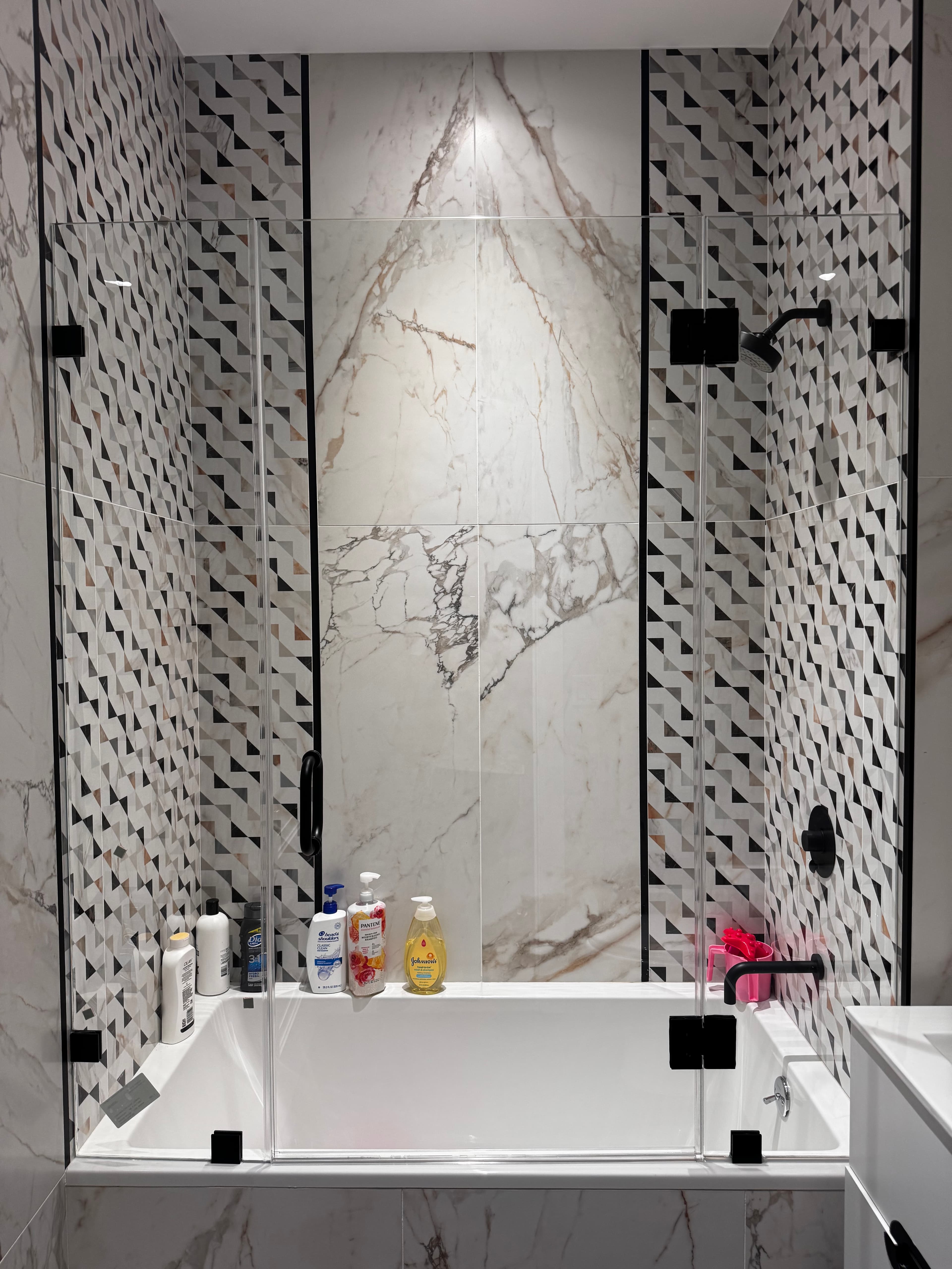 Panel + Door + Panel shower door installation in Monticello